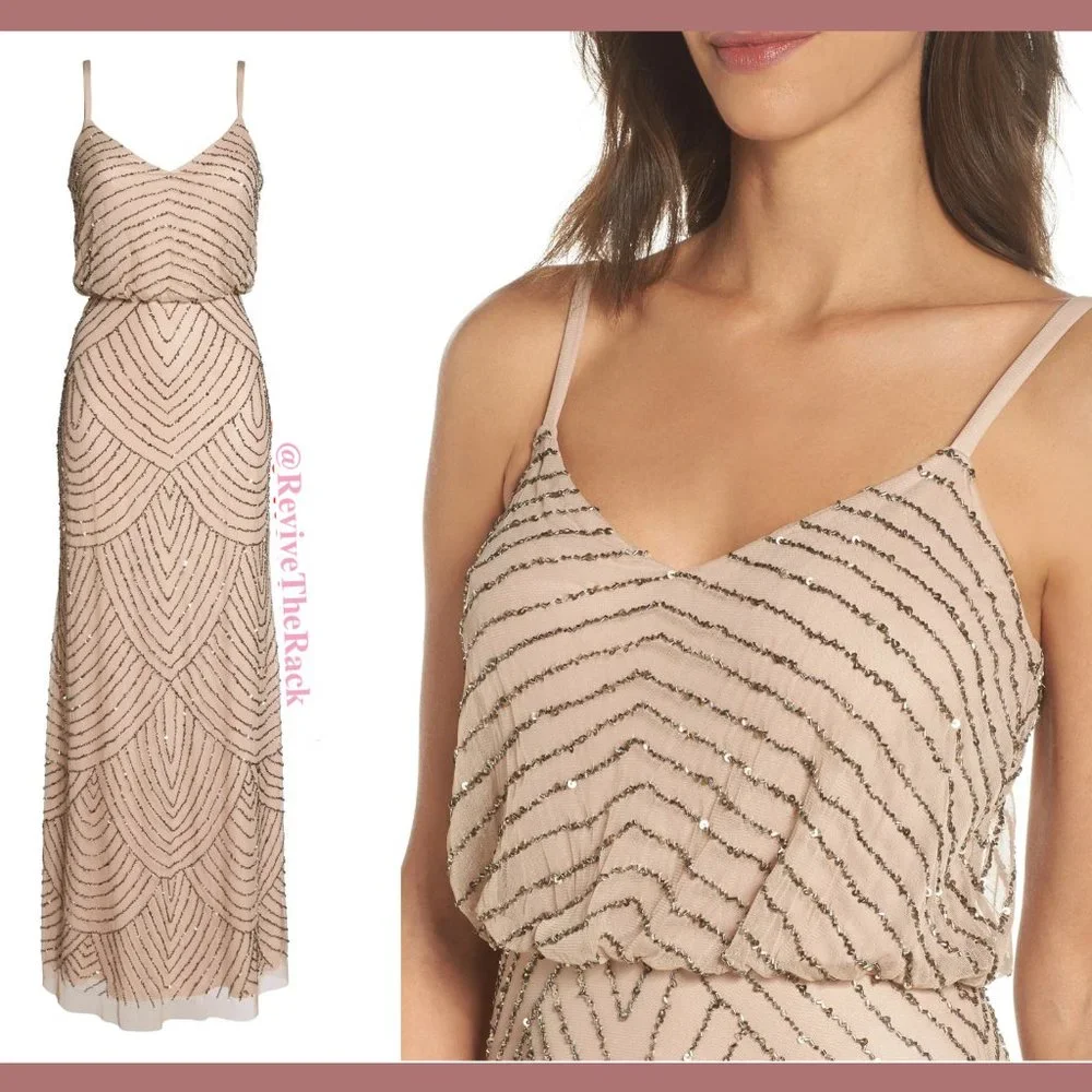 NEW $260 Adrianna Papell Art Deco‎ Beaded Blouson Gown in Taupe Pink [SZ 12P ]